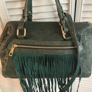FRINGE LEATHER Purse SHOULDER BARREL OR CROSSBODY GREEN BOHO WESTERN Handbag